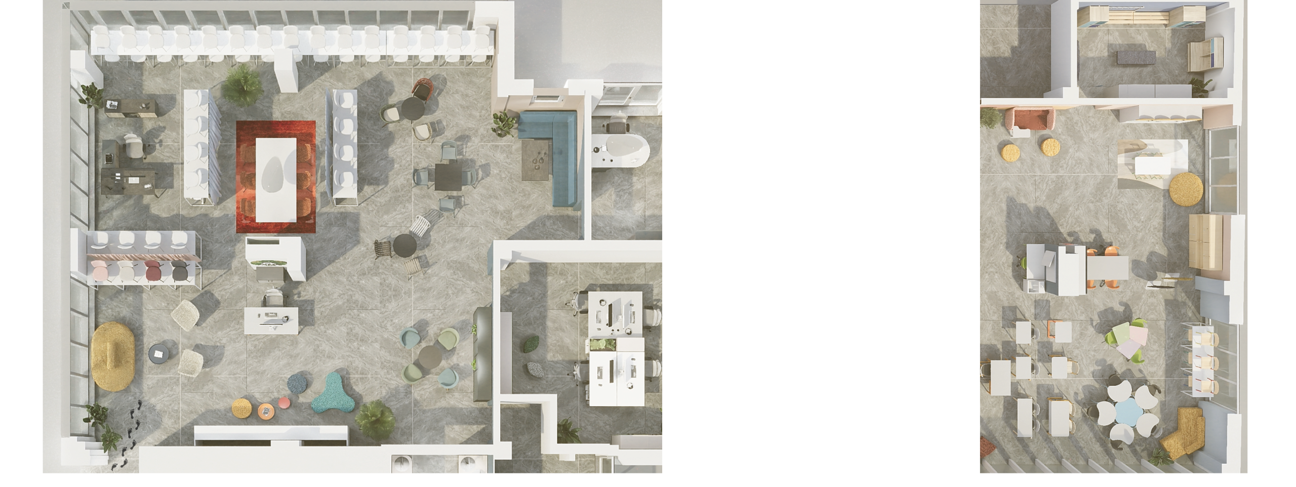Plan al noului showroom Alex Mobilier din Cluj-Napoca, cu zone de birouri, lounge și spații de lucru